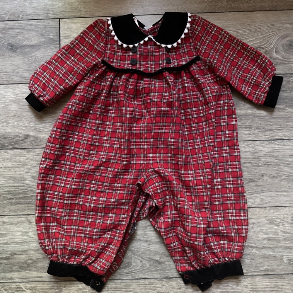 Vintage  y2k Bonnie Baby Red Plaid Velvet Trim Romper Holiday 18 Months